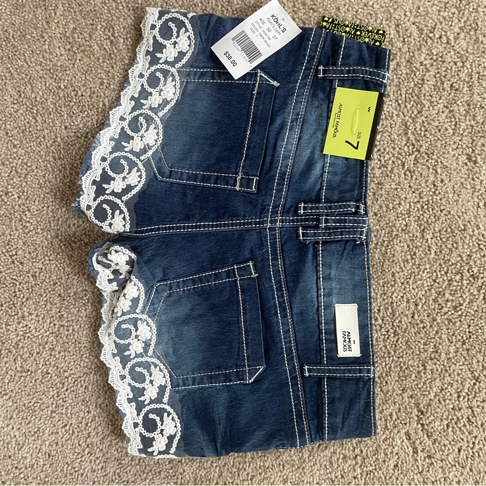 Almost Famous Blue Denim Shorts with White Lace - Picture 2 of 2